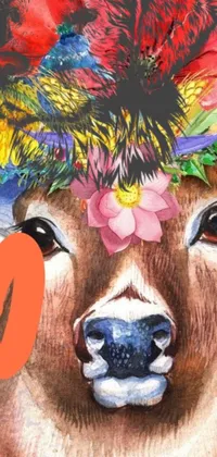 This phone live wallpaper features a stunning painting of a deer wearing a colorful hat and a facemask made of flowers