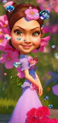 This live wallpaper features a charming cartoon girl with floral hair that resembles a fairy queen
