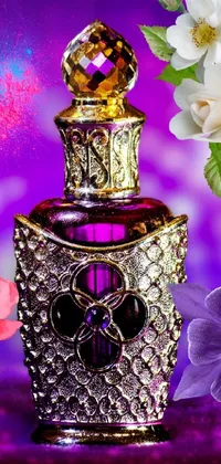 This live wallpaper showcases a stunning digital collage featuring a bottle of perfume surrounded by intricate flowers