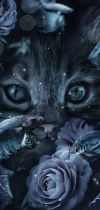 This phone live wallpaper showcases a stunning digital art piece featuring a close-up of a beautiful green-eyed cat surrounded by diverse flowers against a dark blue background