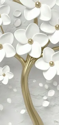 This phone live wallpaper features a magnificent white and gold tree with elegant white flowers