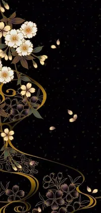 Get this gold and white phone live wallpaper featuring a black background with elegant flowers in ukiyo-e style