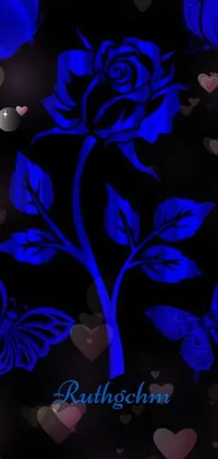 This phone live wallpaper showcases a breathtaking blue rose surrounded by charming butterflies and hearts