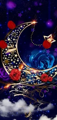 This eye-catching mobile live wallpaper features a blue rose perched on a crescent, surrounded by stars and red neon roses