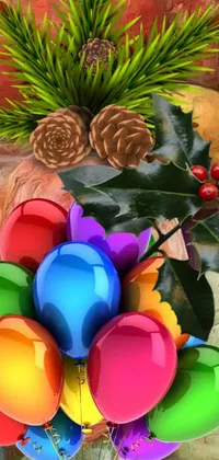 This colorful phone live wallpaper features a bunch of balloons, a photorealistic painting, and a festive Christmas tree