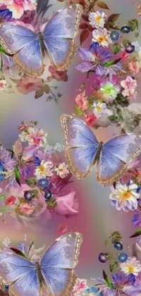 This beautiful phone live wallpaper features fluttering butterflies perched on blooming flowers, all depicted in an airbrush painting style inspired by romanticism
