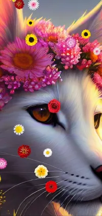This phone live wallpaper depicts a cat with a flower crown on its head, set against a mystical sunrise light and a white fox background