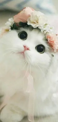 Add some fun and playful appeal to your phone screen with this adorable live wallpaper featuring a lovely white cat wearing a beautiful flower crown