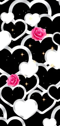This phone live wallpaper features a beautiful pattern of hearts and roses set against a sleek black background, perfect for adding a touch of sophistication to your device