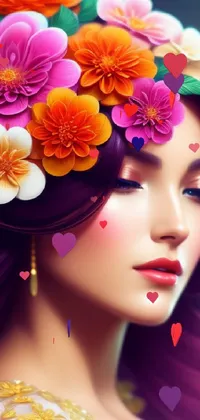 Looking for a stunning live wallpaper for your phone? Look no further than this gorgeous digital painting, featuring a woman with flowers in her hair