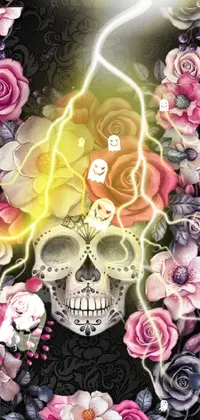 This phone live wallpaper features a digital rendering of a skull surrounded by colorful flowers