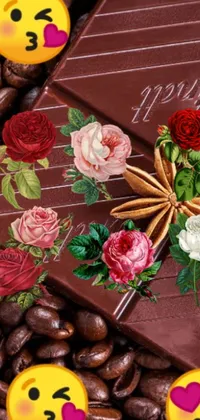 This visually stunning live wallpaper features a delectable chocolate bar resting atop a pile of coffee beans, set against a backdrop of intricate floral designs including roses and tulips