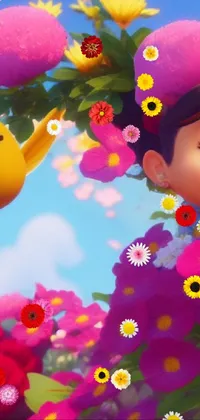 This live wallpaper offers a dreamlike scene of two characters in a field of vibrant flowers
