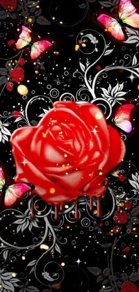 This live wallpaper features a close up of a vibrant red rose on a black background