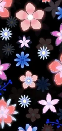 This phone live wallpaper by Nándor Katona is a beautiful display of blooming pink and blue flowers set against a sleek black background, perfect for showcasing the changing seasons