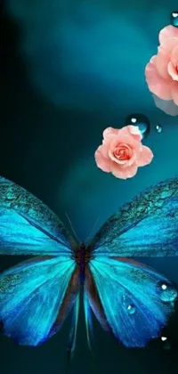 Enhance your phone with this stunning live wallpaper of a blue butterfly and pink roses, a captivating digital art that'll transform your iPhone screen