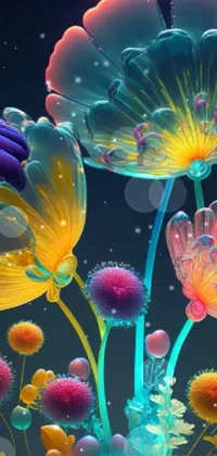 This stunning live wallpaper depicts a bunch of vibrant flowers sitting on a table, rendered in a psychedelic art style