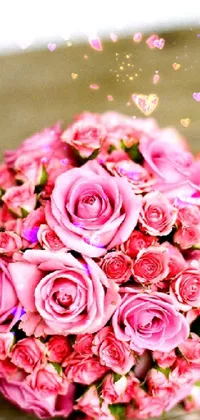 This live phone wallpaper features a stunning bouquet of pink roses resting on a wooden table