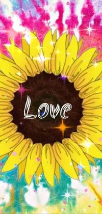 This phone live wallpaper showcases a stunning tie dye sunflower design with "love" written in cursive font