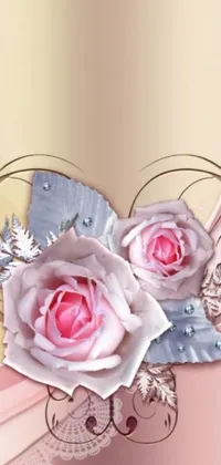 This phone live wallpaper displays intricate digital art of two pink roses resting on a table against a golden background with beautiful floral designs