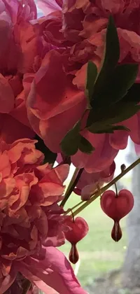This phone live wallpaper showcases a hyper-realistic image of a vase filled with pink flowers adorned with hearts and dripping berries, by Susy Pilgrim Waters