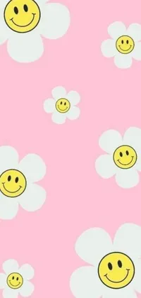This phone live wallpaper features adorable smiley faces on a soft pink background with a floral pattern