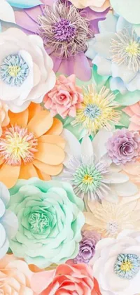 This phone live wallpaper features a breathtaking arrangement of paper flowers in vibrant pastel colors