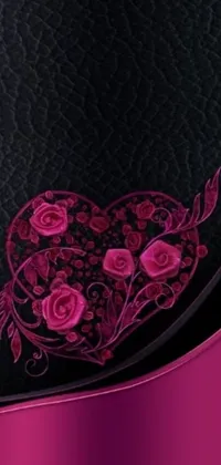 This phone live wallpaper is a stunning digital art creation featuring a vibrant pink heart surrounded by roses and set against a sleek black background