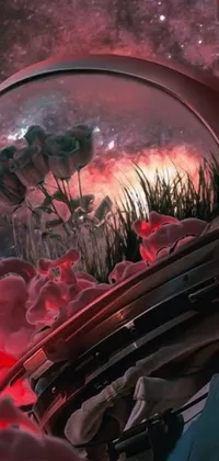 Download this stunning live wallpaper featuring an astronaut's helmet surrounded by colorful flowers and a red ocean backdrop