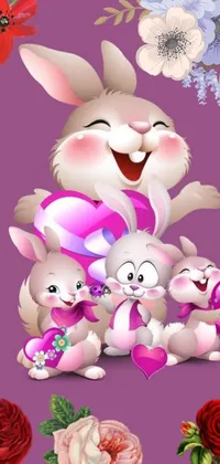 This phone live wallpaper features a gorgeous digital art image with a group of cute rabbits resting on top of a colorful pile of flowers