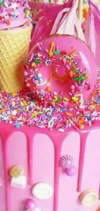 This attractive phone live wallpaper features a lovely pink birthday cake adorned with multicolored sprinkles and an ice cream cone