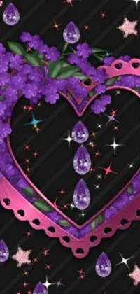 This stunning live phone wallpaper features a purple heart surrounded by flowers, stars, and diamond-shaped fruits
