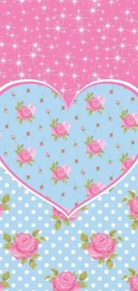 This lovely phone live wallpaper features a pink and blue heart adorned with beautiful roses on a polka dot background