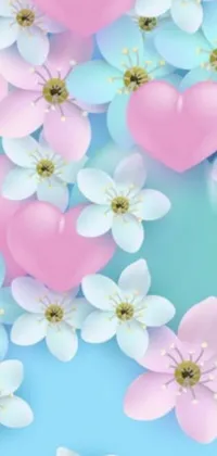 This phone live wallpaper features a stunning display of pink and blue flowers set on a tranquil blue background