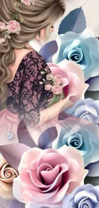 This live phone wallpaper features a stunning digital illustration of a woman holding a beautiful bunch of pink and blue roses