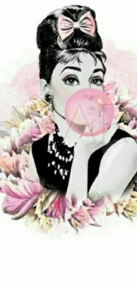This stunning phone live wallpaper features a beautiful drawing of a woman blowing a bubble, surrounded by swirling flowers in shades of pink
