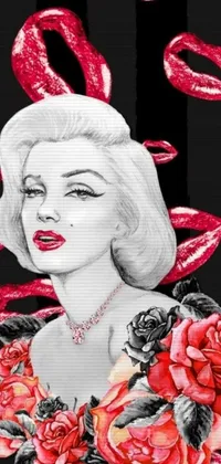 This phone live wallpaper features a dynamic pop art painting of a lady surrounded by red and black roses