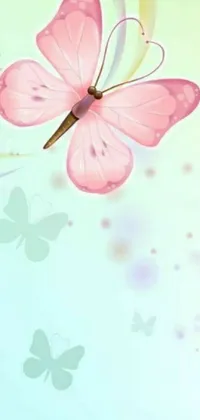 This phone live wallpaper displays a captivating pink butterfly soaring across a vibrant blue sky