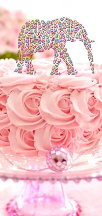 This live wallpaper showcases a digital rendering of a delicious cake on a table, featuring vibrant pink tiger stripes and colorful floral bling