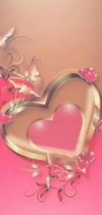 This lovely live wallpaper features a charming gold heart with delicate pink flowers placed on a soft pink background