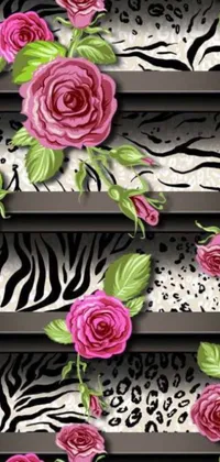 Looking for a unique and stylish live wallpaper for your phone? This zebra print wallpaper features pink roses and white stripes, interwoven with rose-brambles for a stunning composition