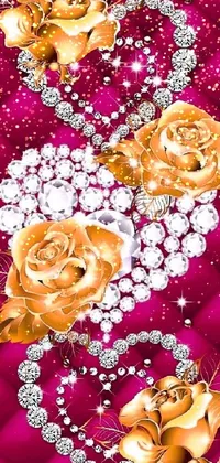 This phone live wallpaper features a stunning pink background adorned with gold roses and diamonds