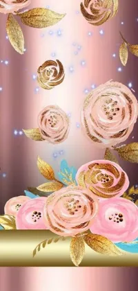 This live phone wallpaper features a beautiful and enchanting bouquet of flowers in pink and gold resting on a table