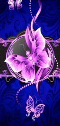 This phone live wallpaper showcases a stunning purple flower on a deep blue background with fluttering butterflies