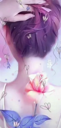 This phone live wallpaper features a stunning woman with a flower tattoo on her back