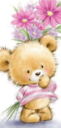 This phone live wallpaper features a sweet painting of a teddy bear clutching a bunch of flowers, surrounded by soft pink and purple florals