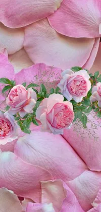 This phone live wallpaper boasts a splendid array of delicate pink roses resting on a heap of petals