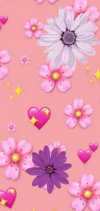 This live phone wallpaper showcases a beautiful pink floral and heart design on a soothing pink background