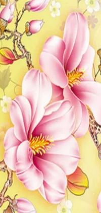 This stunning live wallpaper boasts a highly-detailed and glossy design, featuring a beautifully painted image of pink flowers set against a cheerful yellow backdrop