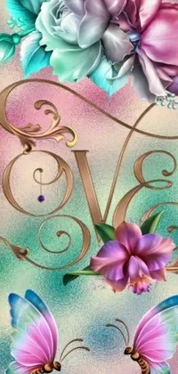 This vibrant and detailed phone live wallpaper features a digital painting of flowers and butterflies with the word "love" incorporated into the artwork